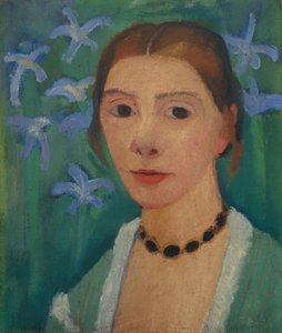 Autorretrato delante de un fondo verde con un iris azul de Paula Modersohn Becker