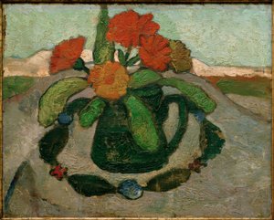 Naturaleza muerta con caléndulas frente a paisaje de Paula Modersohn Becker