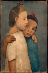 Dos chicas con vestido blanco y azul, apoyadas en la escuela de Paula Modersohn Becker