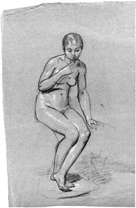 Una mujer desnuda sentada, mirando hacia abajo