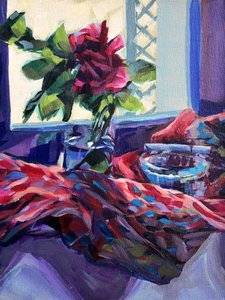 Naturaleza muerta con ventana y rosas de colores vivos de Pauline Wegman | Key and Sea Creative