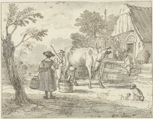 Granjeros con una vaca delante de la casa de Paulus Constantijn la Fargue