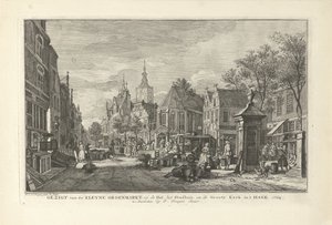 Vista del Mercado Verde Diario en La Haya Vista de Kleyne Groenmarkt, en Hal, el Ayuntamiento y Groote Kerk, en La Haya (título sobre el objeto) Ocho caras en La Haya (título de la serie) de Paulus Constantijn la Fargue