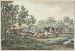 Pradera con vacas siendo ordeñadas de Paulus Constantijn la Fargue
