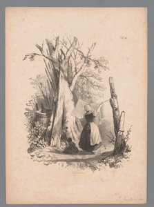 Paisaje con una mujer tendiendo la ropa Estudios de paisaje de Paulus Lauters (título de la serie) Nouvelle suite de 40 études de paysages par P. Lauters (título de la serie) de Paulus Lauters (attributed to)