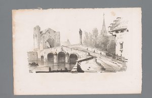 Vista de un puente con puerta, al fondo una iglesia Principios de los paisajes (título de la serie) Principios de paysages (título de la serie) de Paulus Lauters