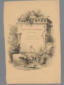 Hombre con perro sentado al borde de una fuente Estudios de paisaje de Paulus Lauters (título de la serie) Nouvelle suite de 40 études de paysages par P. Lauters (título de serie sobre objeto)