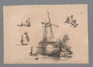 Molino en el agua con estudios de tres figuras alrededor de Paulus Lauters