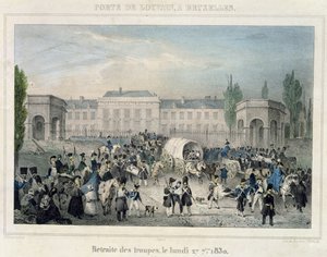 Porte de Louvain, Bruselas: La retirada de las tropas holandesas, 27 de septiembre de 1830, grabado por Dewasme-Pletinckx de Paulus Lauters