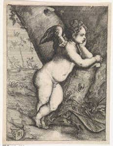 Amor meditando junto al tronco de un árbol de Paulus Moreelse