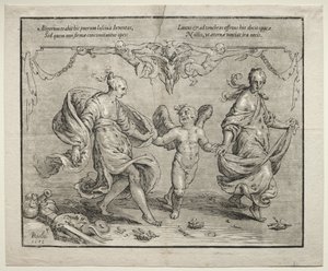 Cupido bailando con dos mujeres alegóricas, 1612 de Paulus Moreelse