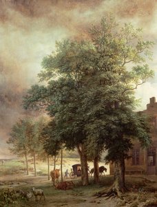 Paisaje con carruaje o casa más allá de los árboles de Paulus Potter