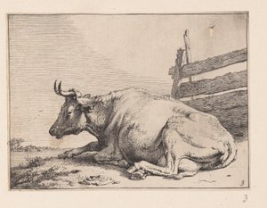 La vaca tumbada cerca de una valla, de Varios bueyes y vacas de Paulus Potter