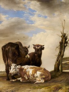 Dos vacas y un toro joven junto a una cerca en un prado de Paulus Potter