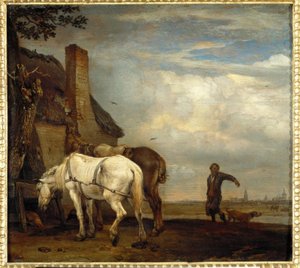 Dos caballos frente a una cabaña de campesinos