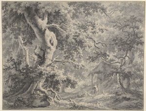 Vista del bosque con dos figuras en una choza de Paulus van Liender