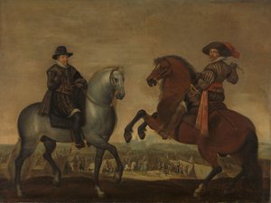 Los príncipes Maurits y Frederik Hendrik a caballo de Pauwels van Hillegaert (workshop of)
