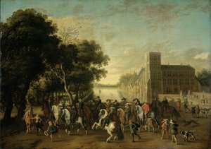 El Príncipe Maurits, acompañado por el Príncipe Frederik Hendrik, Federico V de Bohemia y su esposa Isabel Estuardo, y otros, en el Buitenhof, La Haya de Pauwels van Hillegaert