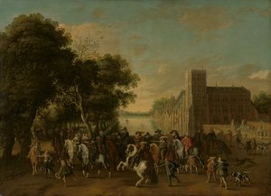 El príncipe Maurits, acompañado por el príncipe Frederik Hendrik, Federico V de Bohemia y su esposa Isabel Estuardo, y otros, en el Buitenhof, La Haya de Pauwels van Hillegaert