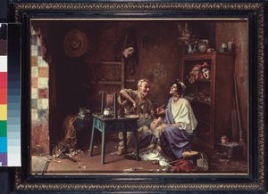 Atelier de masque (Taller de máscaras) - Peinture de Pavel Alexandrovich Svedomsky (Svedomski) (1849-1904), óleo sobre lienzo