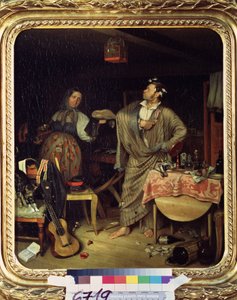 "¡Soy un jinete! (o la mañana del oficial recién condecorado) (Fresh Cavalier (Mañana de un burócrata que recibe su primera cruz) Un soldado en bata lleva su medalla con orgullo en el desordenado apartamento. Pintura de Pavel Fedotov (18