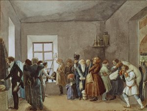 Sala de recepción del comisario de policía la noche antes de un festivo, 1837 de Pavel Andreevich Fedotov
