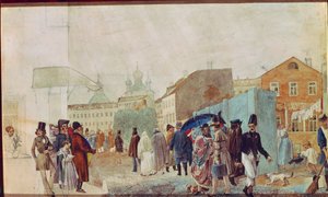 Escena callejera bajo la lluvia en Moscú. Obra de Pavel Andreyevich Fedotov (1815-1852), acuarela sobre papel