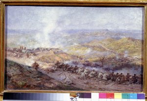 Una escena de la guerra ruso-turca (1876-1878). Campo de batalla en los Balcanes, donde se enfrentan los soldados del ejército ruso y del Imperio Otomano, durante el asedio de Pleven (o Plevna, en Bulgaria), en 1877. Pintar de Pavel Osipovich Kovalevsky