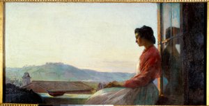 Jovanina sentada en el soporte de la ventana. Pintura de Pavel Chistiakov (1832 - 1919) de Pavel Petrovich Chistyakov