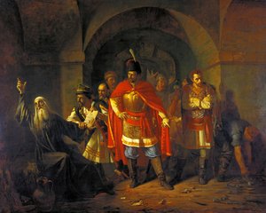 El patriarca Hermógenes se niega a bendecir a los polacos, 1860 de Pavel Petrovich Chistyakov