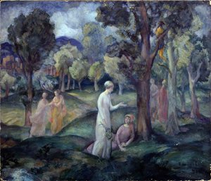Un paseo por los campos. Una escena de ocio, mujeres jóvenes entre los árboles de las colinas. Obra de Pavel Semiónovich Naumov (1884-1942), óleo sobre tabla de Pavel Semenovich Naumov