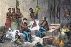 Livingstone y Stanley recibiendo periódicos en África Central, 1871-1873 de Pearson