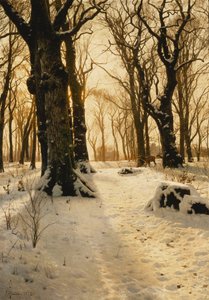 Un paisaje invernal boscoso con ciervos de Peder Monsted