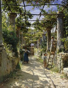 A la sombra de una pérgola italiana, una tarde cálida en Anacapri de Peder Monsted