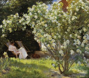 Rosas. Marie Krøyer sentada en la tumbona en el jardín de la casa de la Sra. Bendsen