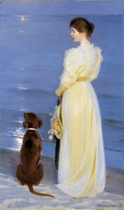 Tarde de verano en Skagen. La esposa del artista con perro en la orilla de Peder Severin Krøyer