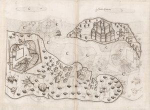 Plano portugués de las islas Bahrein, Livro do Estado da India Oriental de Pedro Barreto de Resende, Sloane MS 197, f.165v-166r (pluma y tinta sobre papel)