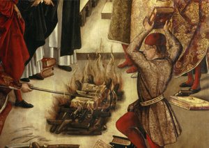 (detalle) Saint Dominique et les Albigeois: el santo entrega a los Albigeois el libro que refuta su herejía y los Albigeois intentan quemarlo, sin éxito. de Pedro Berruguete