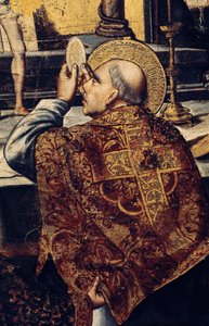 La Eucaristía (El santo levanta la hostia, un símbolo cristiano del cuerpo de Cristo). (detalle)