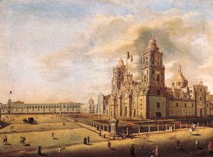 ""La Catedral Metropolitana y el Palacio Nacional en la Ciudad de México"" Pintura de Pedro Gualdi (1809-1857) circa 1840 Museo Nacional de Historia Ciudad de México, México