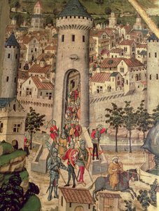 Retablo de San Jordi, detalle de la conquista de la ciudad de Mallorca por el ejército de Jaime I de Pedro Nisart