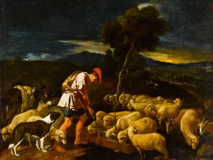Jacob regando las ovejas de Labán ante ramas peladas, c.1612-1622