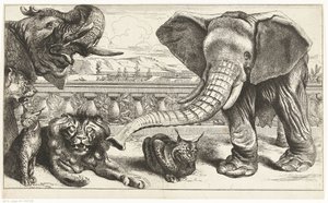 Elefantes, leones y linces en los jardines de Versalles de Peeter Boel (attributed to)