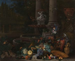 Bodegón con verduras ante un zócalo drapeado y volcado junto a una fuente ornamental de Peeter Gijsels