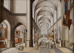 Interior de una iglesia gótica de tres naves durante un sermón de Peeter Neeffs d.Æ.