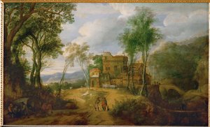 Paisaje de montaña con castillo (pintura sobre madera de roble) de Peeter Snayers