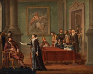 Cristina Gyllenstierna con la carta de salvoconducto ante el rey Christian II de Dinamarca (1481-1559) de Pehr Hilleström