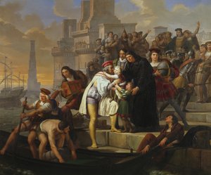 Cristóbal Colón abrazando a sus dos hijos y recomendándolos al Padre Giovanni Perez antes de partir de Palos para el viaje de descubrimiento de América de Pelagio Palagi
