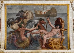 Neptuno y la nave de Ulises, detalle de la Sala de Polifemo de Pellegrino Tibaldi