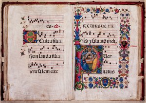 Biblioteca Piccolomini: libro de coro, cod. 102.8, ff. 47v-48r con la "Natividad", de Pellegrino di Mariano. de Pellegrino di Mariano